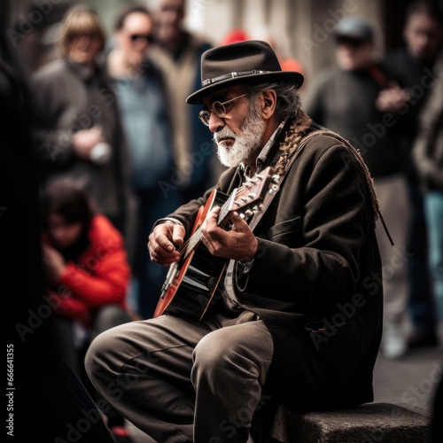 musician plays guitar on the street among a crowd of people