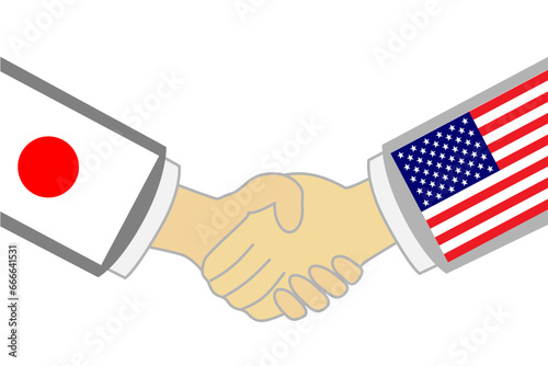 日本とアメリカが硬い握手をするイラスト。友好、協力アイコン。
