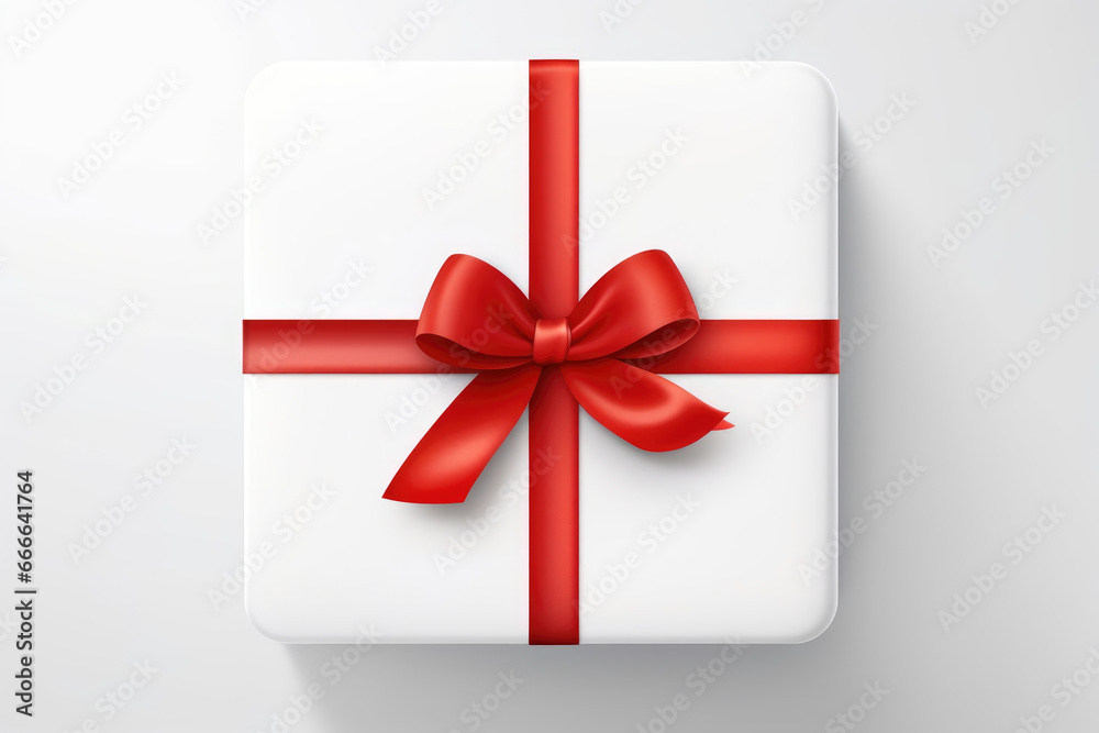 isolated white gift box with red ribbon from above isolated white gift box with red ribbon from above