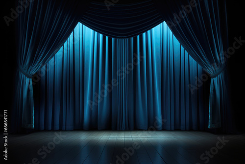 Blue empty stage curtains. Theatre background
