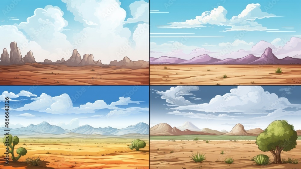 Collage vibrant desert scene, green cactus, distant blue mountains, overhead fluffy clouds. Desert flora and diverse terrains. - obrazy, fototapety, plakaty 