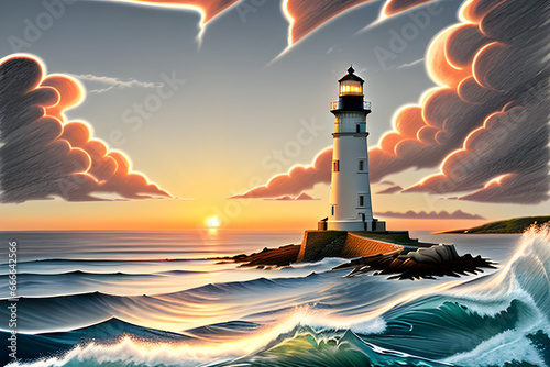 lighthouse at sunset Generative AI