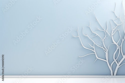 Minimalistic tree decoration on sky blue wall. Interior home background. Copy space 
