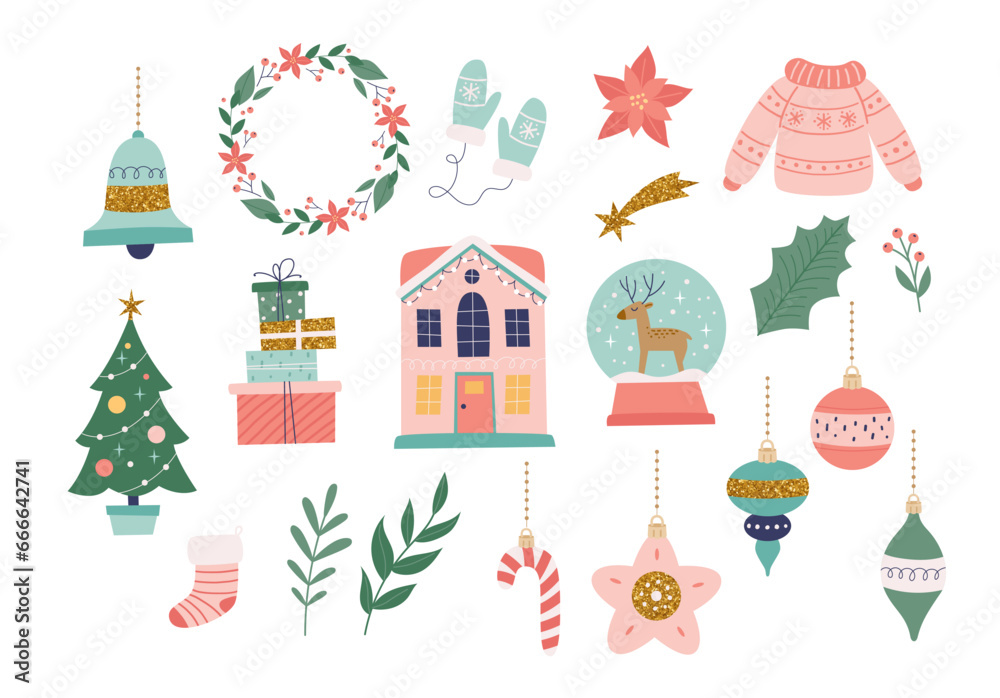 Christmas and New Year collection of cute animals and seasonal elements. Isolated a white background. Hand drawn vector illustration Christmas and New Year collection of cute animals and seasonal elements. Isolated a white background. Hand drawn vector illustration