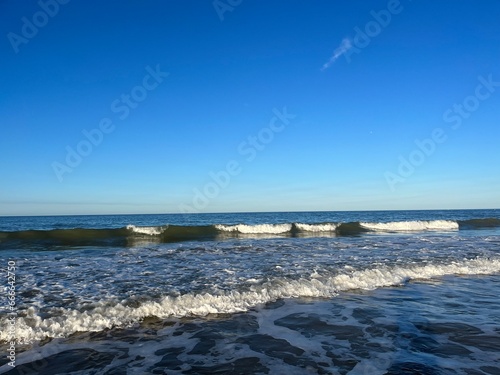 Blue sea horizon, natural blue seascape background, ocean bay, clear sky