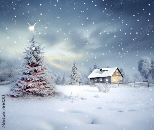 Festive Winter Wonderland: Snowy Holiday Home Surrounded by Serene Scenery - Christmas Background © Qstock