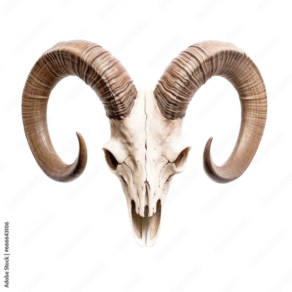 Fototapeta premium Bighorn Ram skull with horns, front view as an isolated and transparent PNG in a Nature-themed, photorealistic illustration. Generative ai