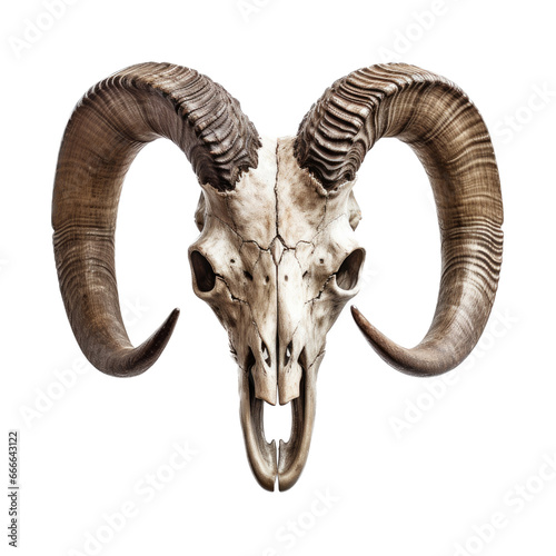  Bighorn Ram skull with horns, front view as an isolated and transparent PNG in a Nature-themed, photorealistic illustration. Generative ai