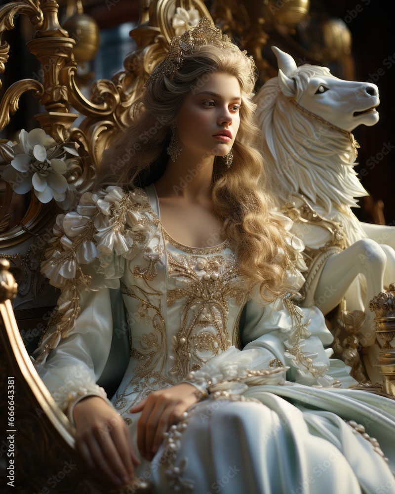 A regal woman sits gracefully in her embellished dress, her clothing adorned with a crown-like embellishment, resembling a living statue exuding power and elegance in the indoor setting