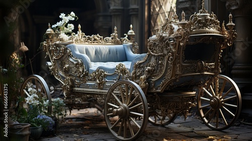 Obraz na płótnie A regal blue and gold carriage, adorned with delicate flowers, glides gracefully across the lush outdoor grounds, its wheels spinning in perfect harmony as it is drawn towards its next destination w salonie