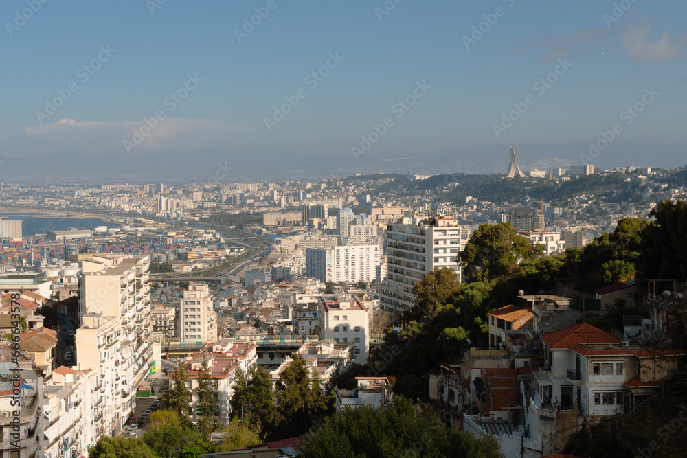 Algiers, Alger, Algeria, 10 17 2023 : Beautiful panorama of the bay of Algiers, with the Maqam Echahid monument ( English : Martyrs Monument ) and the great mosque in the background.