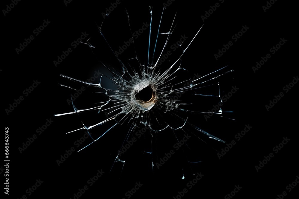 Obraz premium Bullet hole in a glass with cracks isolated on a black background. Generative Ai