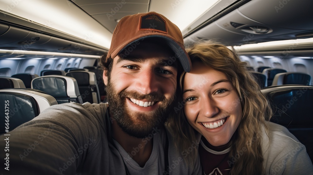 Happy tourist taking selfie inside airplane - Cheerful couple on summer vacation - Passengers boarding on plane - Holidays and transportation concept Happy tourist taking selfie inside airplane - Cheerful couple on summer vacation - Passengers boarding on plane - Holidays and transportation concept