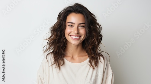 Portrait of a cheerful young woman wearing white shirt standing isolated over yellow background, looking at camera, posing photo