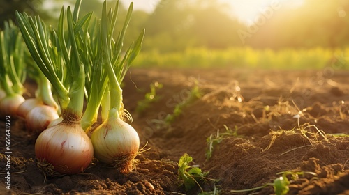 Onions grow in the field. Bulbs are visible from the ground