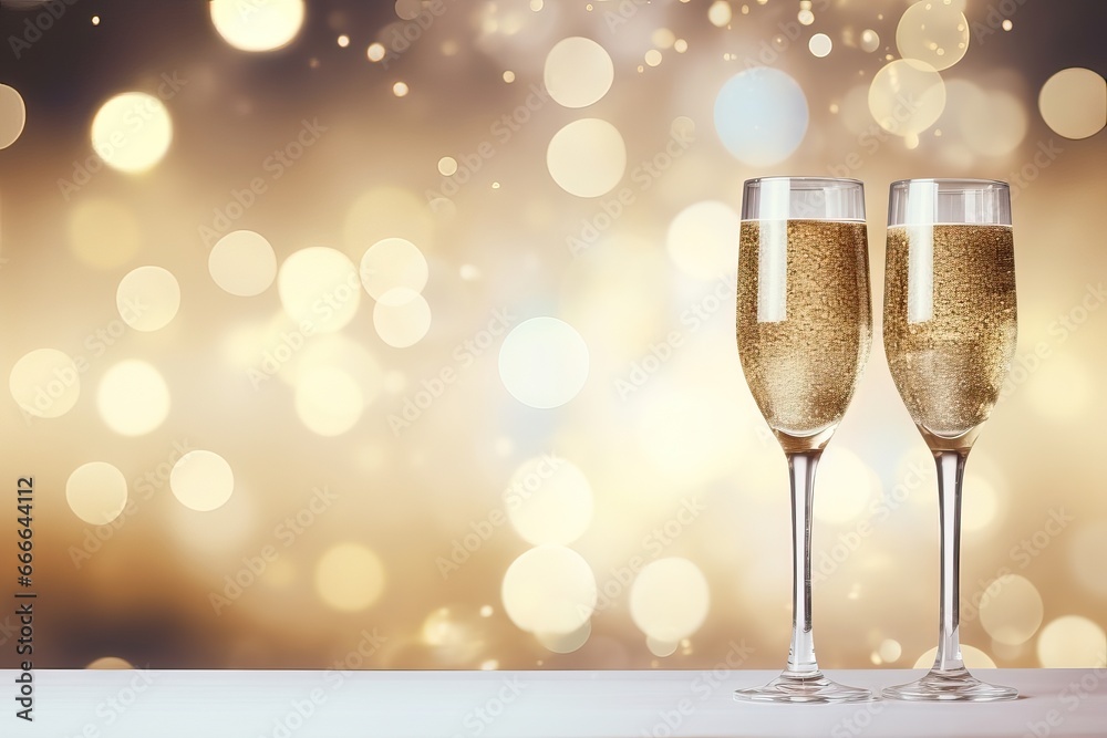 Christmas champagne glasses on blurred luminous garlands bokeh. New Year's Eve celebration background. Christmas champagne glasses on blurred luminous garlands bokeh. New Year's Eve celebration background.