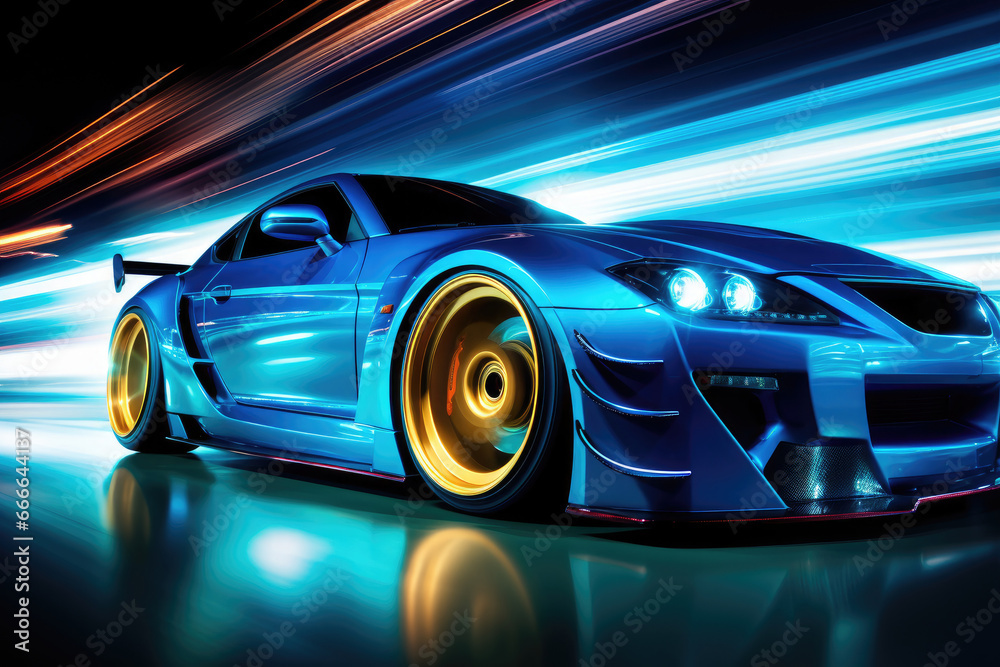 Blue futuristic racing sports car in motion