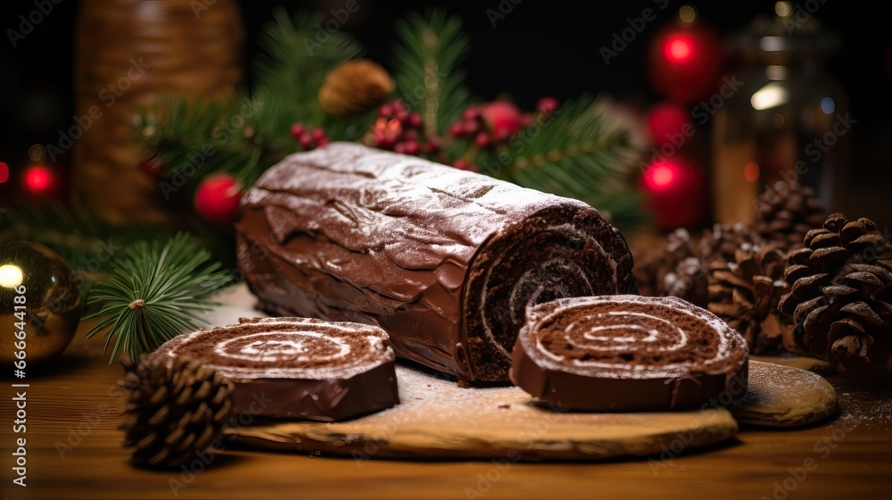Chocolate yule log christmas cake on wooden background. Chocolate yule log christmas cake on wooden background.