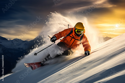 A man snow skiing in a winter snowy landscape © Adrian Grosu
