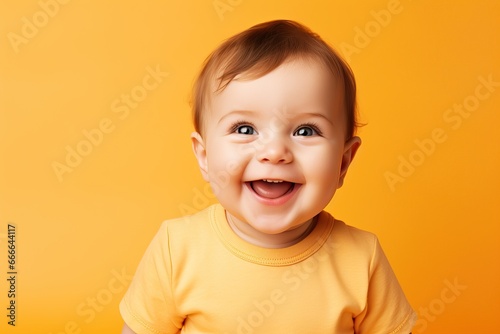 baby smiling and looking up to camera on a yellow background