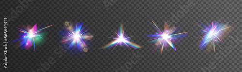  Set Rainbow crystal light leak flare reflection effect. Light streak overlay pattern designs. Transparent refraction elements. Vector illustration.	