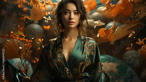 A fashion-forward woman exudes confidence in her flowing green robe, captivating the eye with her striking portrait and bold sense of style