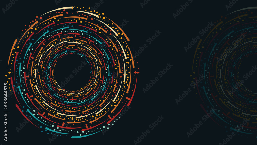 Abstract spiral multi color round vortex symbol background. This minimalist style logo type simple background can be used as a banner or mandala. 