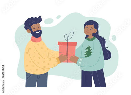 Christmas presents concept. Black woman giving a present to a man. Vector illustration in simple style
