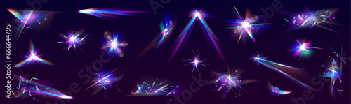 A set of light flashes with a rainbow effect, superimposed on photos and videos as a filter. Holographic falling confetti glitters isolated on transparent background. 