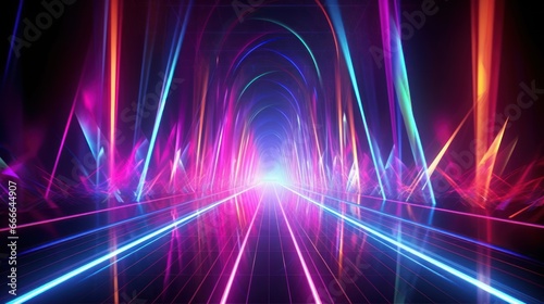 A backdrop illuminated with vibrant, glowing lights and streaks of speed