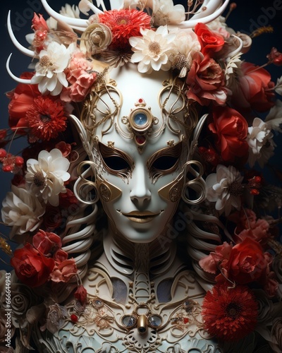 A masked beauty, draped in vibrant clothing and adorned with a blooming masque, stands tall as a symbol of nature's artistry and feminine strength
