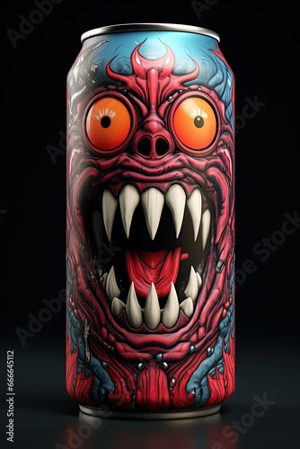 Can with monster image on it. Energy drink ,soda package design. Generative Ai