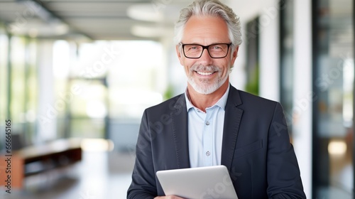 Older smiling business man holding tablet standing in office, 16:9, copy space
