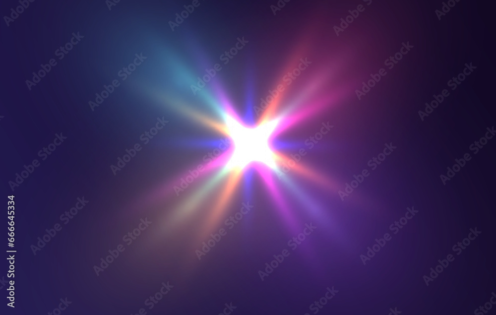 Star rays of light, prism refraction, lens flare, crystal glass reflection effect. Prism vector, realistic light leak effect with spectral flare. Bright light banner, poster, template.