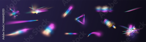 Crystal rays of light, prism refraction, lens flare, crystal glass reflection effect. Prism vector, realistic light leak effect with spectral flare. Bright light banner, poster, template.