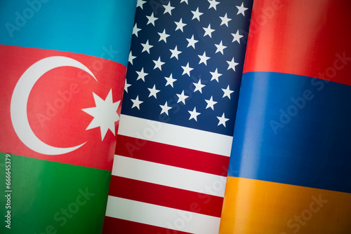 Background of the flags of the azerbaijan, USA,, armenia. concept of interaction or counteraction between the two countries. International relations. political negotiations. Sports competition.
