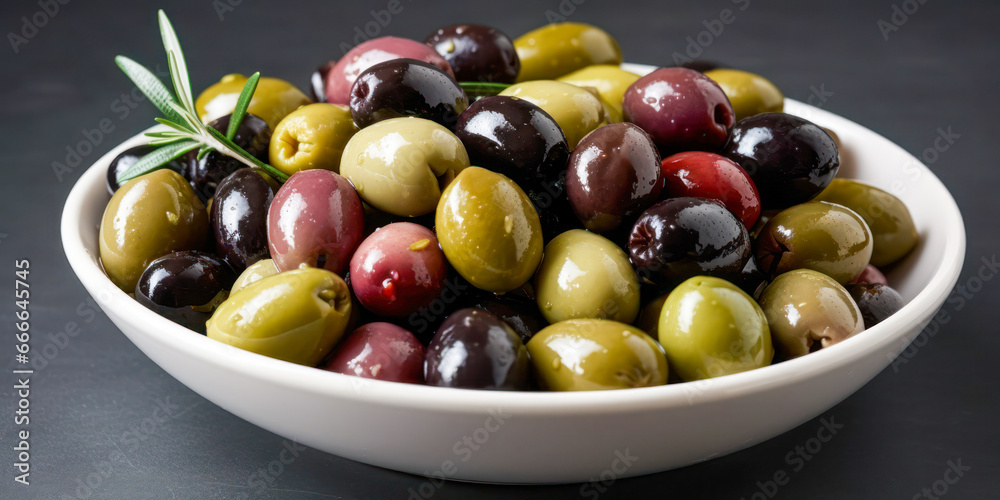 Homemade seasoned olives on a table plate. Generative AI. Homemade seasoned olives on a table plate. Generative AI.