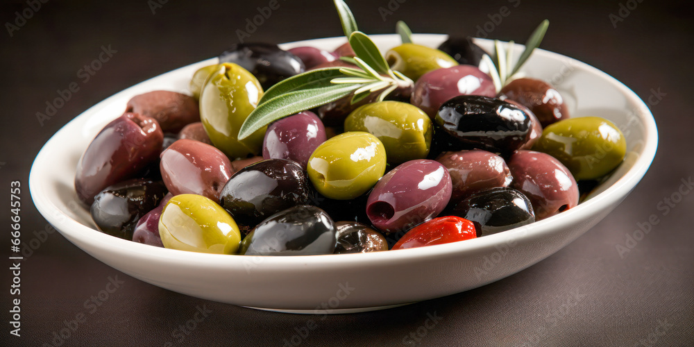 Homemade seasoned olives on a table plate. Generative AI. Homemade seasoned olives on a table plate. Generative AI.