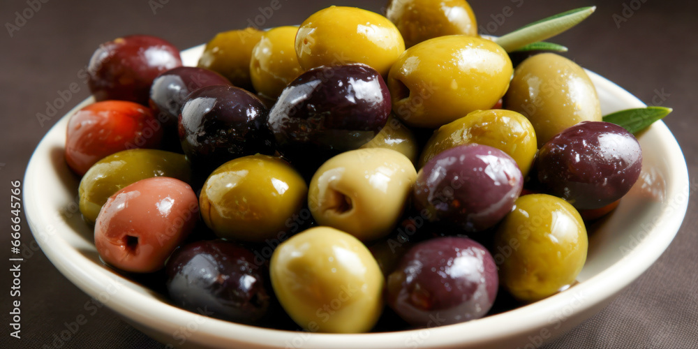 Homemade seasoned olives on a table plate. Generative AI. Homemade seasoned olives on a table plate. Generative AI.