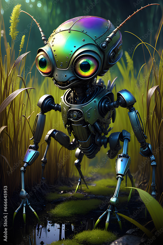 robotic alien iridescent aphid with large eyes probes tall grass underground swamp dump iron gen ai robotic alien iridescent aphid with large eyes probes tall grass underground swamp dump iron gen ai