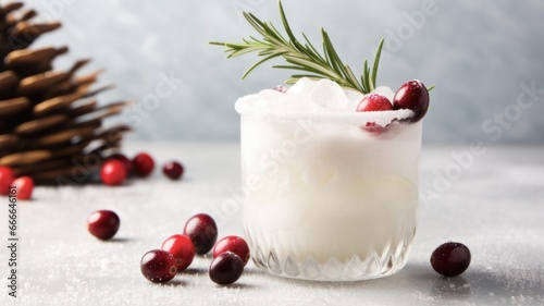 Refreshing White Christmas Margarita with Cranberries and Rosemary on Linen Cloth and White Background photo