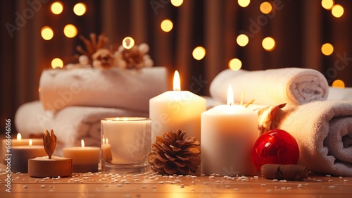 Relaxing Christmas Spa Set  Aromatherapy Candle  Body Balls  and Beauty Products on Wooden Table Background