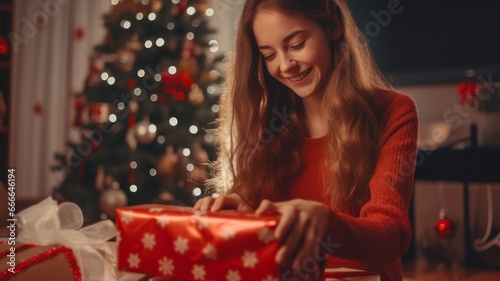 Joyful Lady Adorned with Wrapping Gifts for Christmas before her Living Room Tree