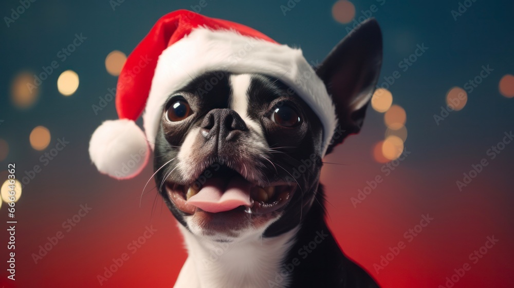 Merry and Jolly Boston Terrier in Festive Santa Hat Celebrating Christmas and New Year on Vibrant Purple Backdrop
