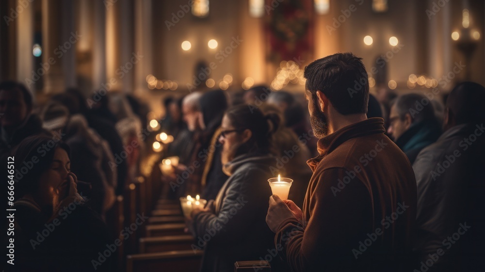 Peaceful Candlelit Christmas Eve Church Service - obrazy, fototapety, plakaty 