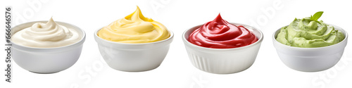 Mayonnaise Mustard Ketchup and Guacamole sauce set isolated on transparent background.