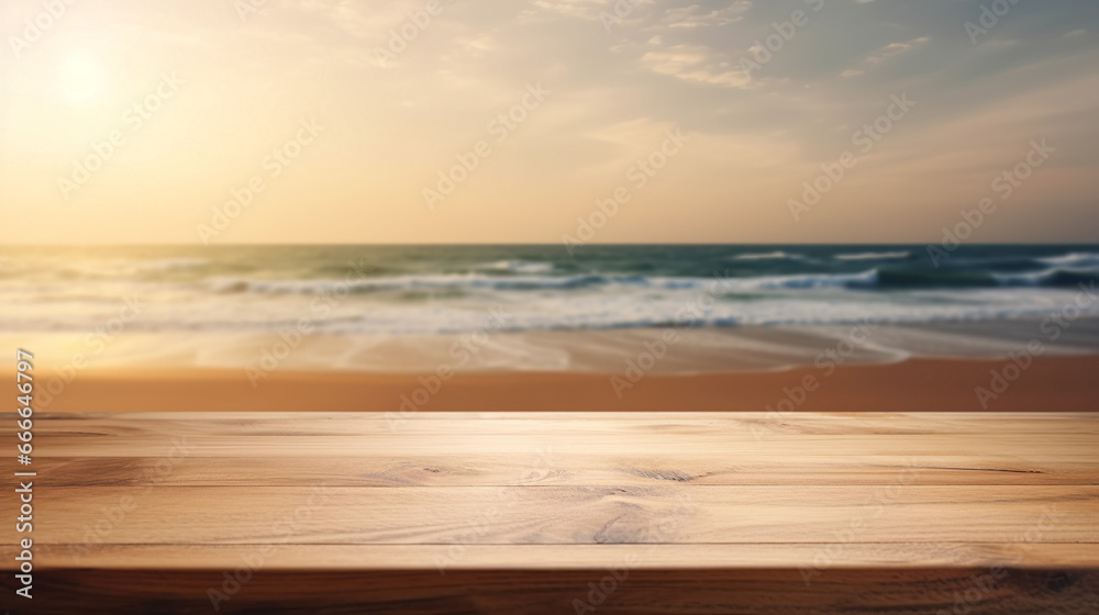 Wooden tabletop for product display at sea beach background. Copy space