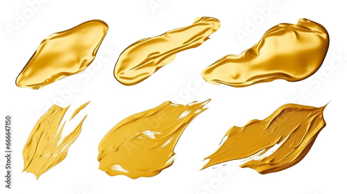 collection of golden brush strokes isolated on a white background. Gold paint texture.