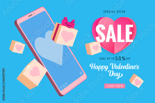 Valentine's day banner with up to 50% discount, smartphone and love gift boxes. Phone screen with heart, social network interface and user icons. Vector illustration
