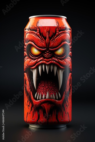 Can with monster image on it.  Energy drink ,soda package design. Generative Ai